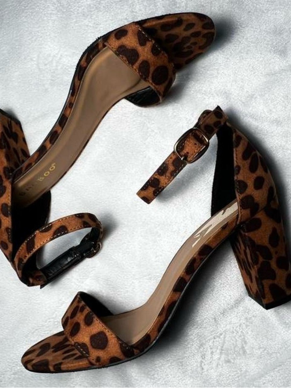 BAMBOO Leopard Print Ankle-Strap Block Heels - Brown